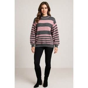 Nan Dorsey Sweater Women L Pink Gray Striped Cable Knit Classic Cozy 80s Vintage